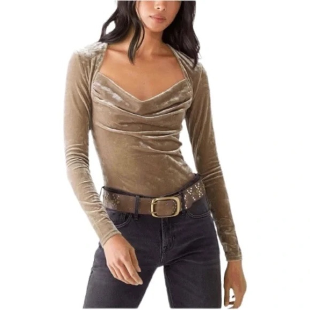 NWT Free People Crushed Velvet Drape Neck Top Size S Brown Slim Fit Long Sleeves